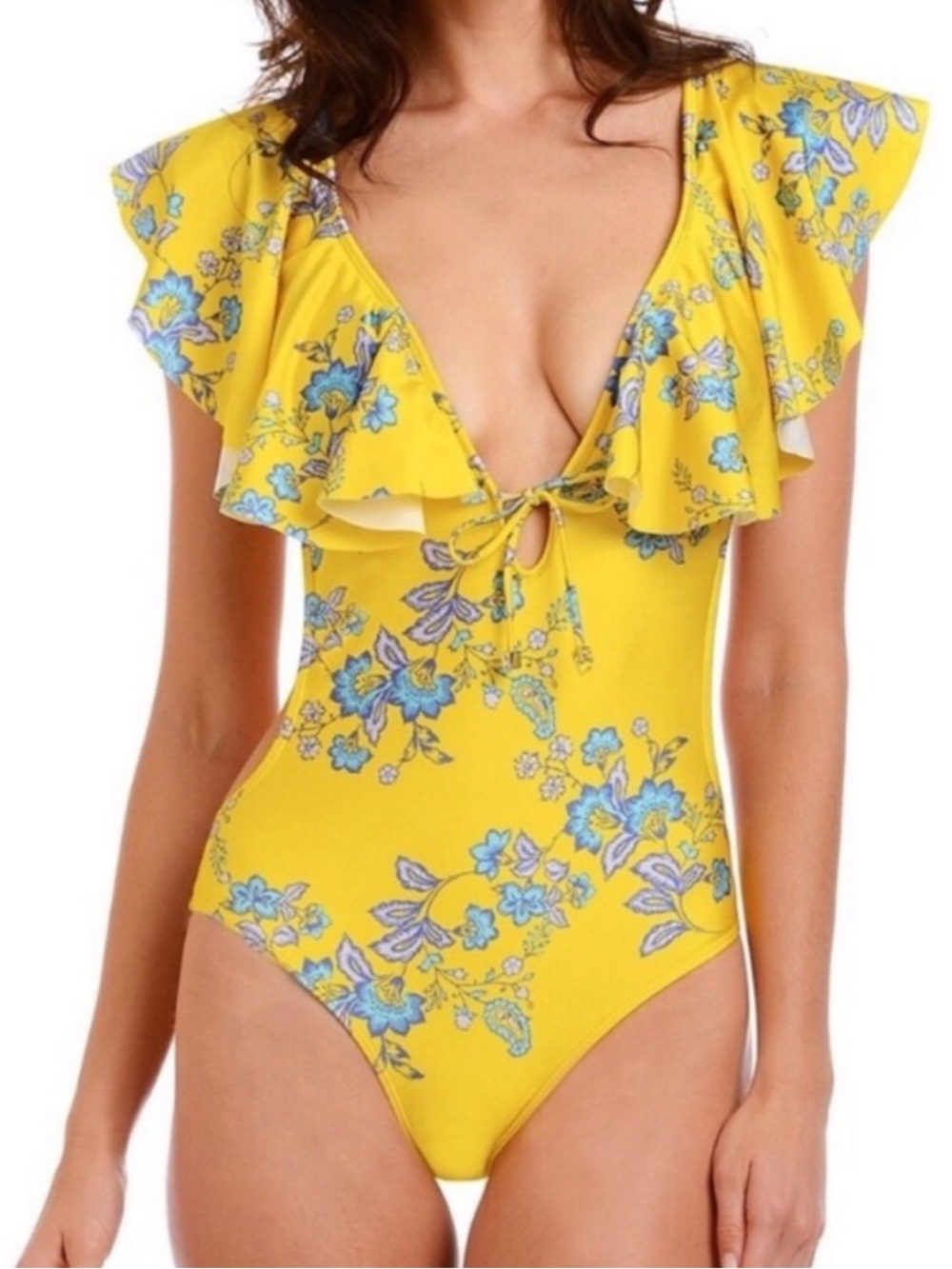 Sam Edelman Yellow Floral Ruffle One-Piece Swimsuit with Blue Flowers